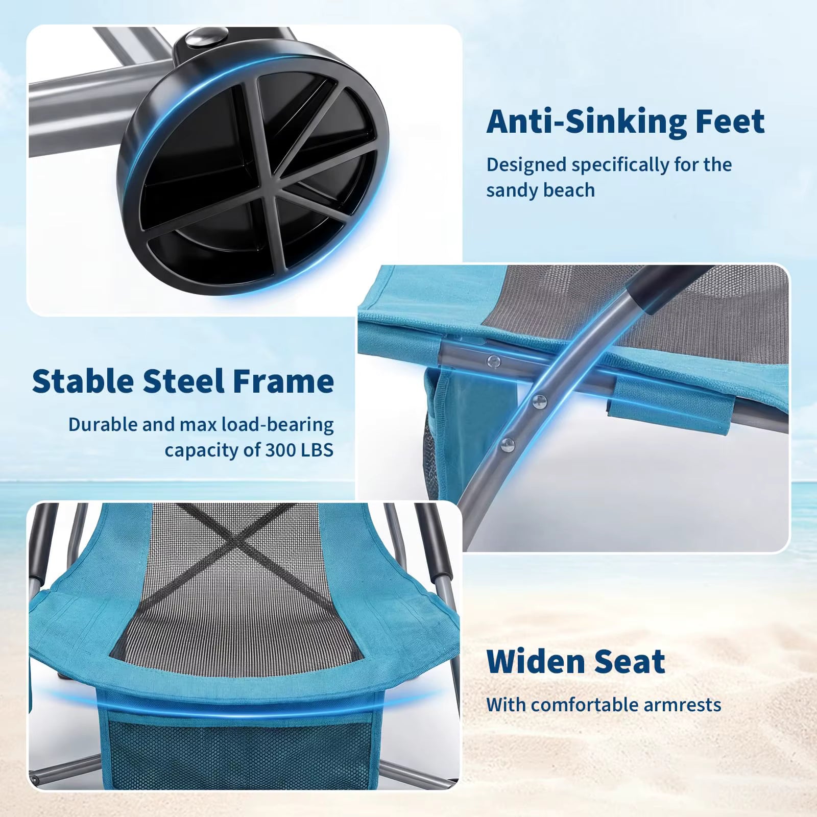 2-Pack Low Beach Chairs, Foldable Portable Camping Chairs, Durable Wide Seat with Cup Holder and Carry Bag, for Outdoor, Beach and Travel.
