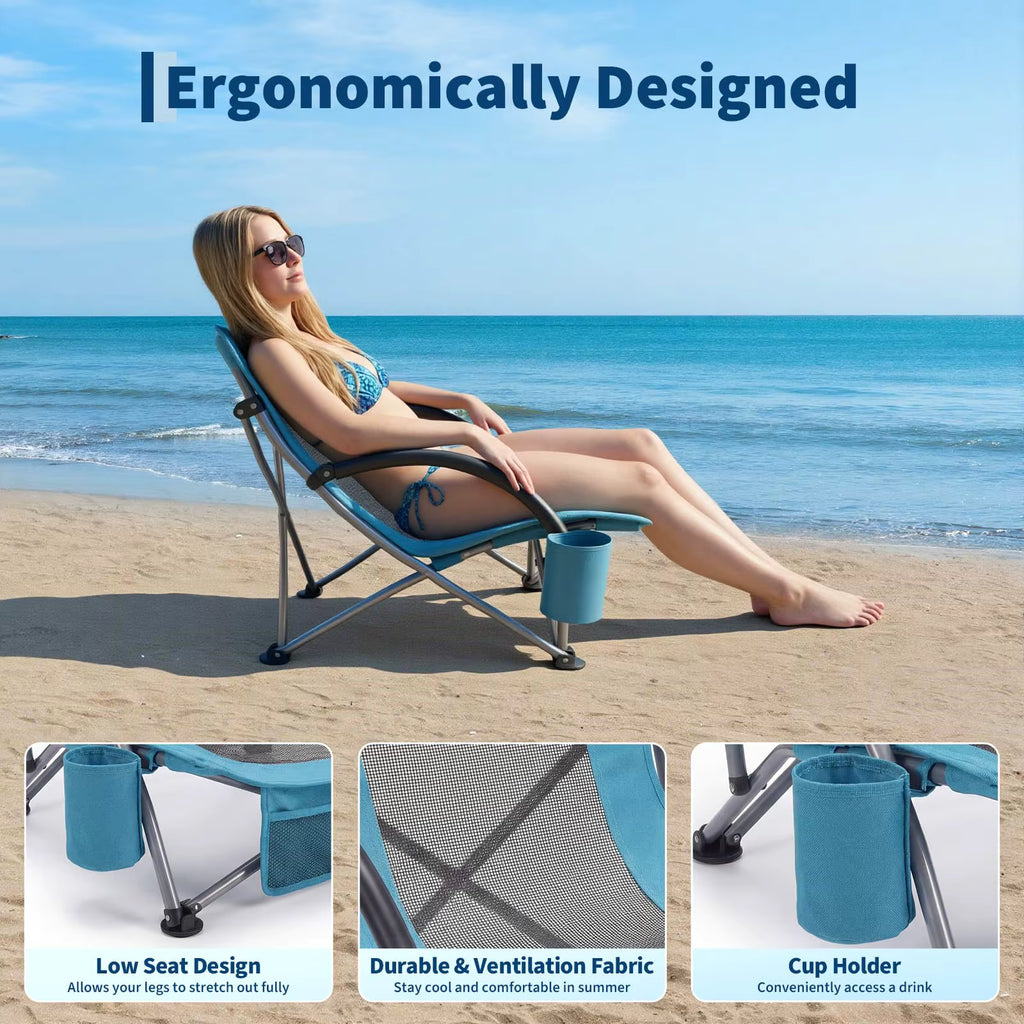 2-Pack Low Beach Chairs, Foldable Portable Camping Chairs, Durable Wide Seat with Cup Holder and Carry Bag, for Outdoor, Beach and Travel.