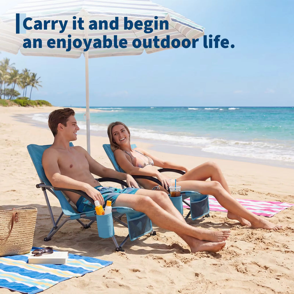 2-Pack Low Beach Chairs, Foldable Portable Camping Chairs, Durable Wide Seat with Cup Holder and Carry Bag, for Outdoor, Beach and Travel.