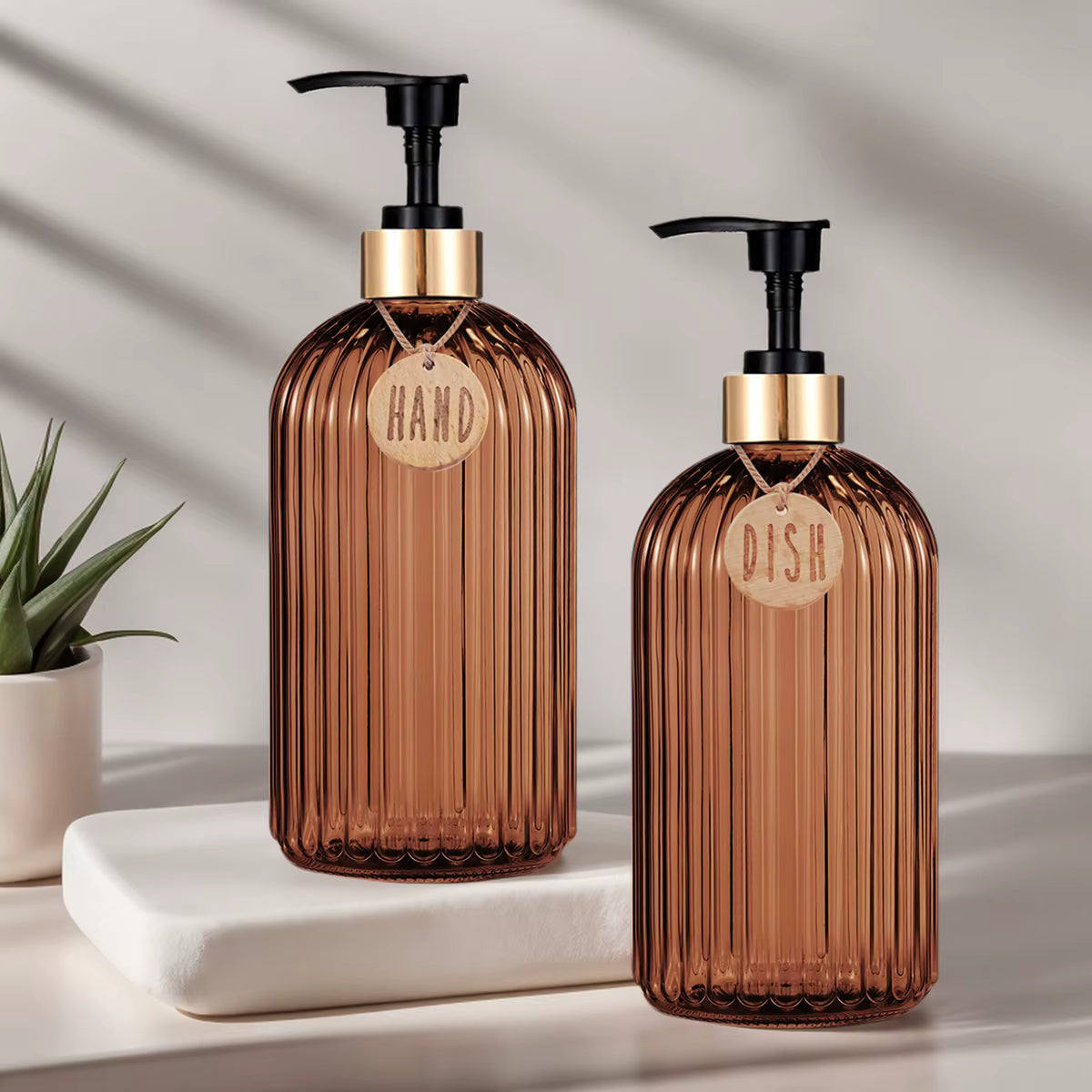 Amber Glass-Look Soap Dispenser Set – 500ml Refillable Pump Bottle with Labels