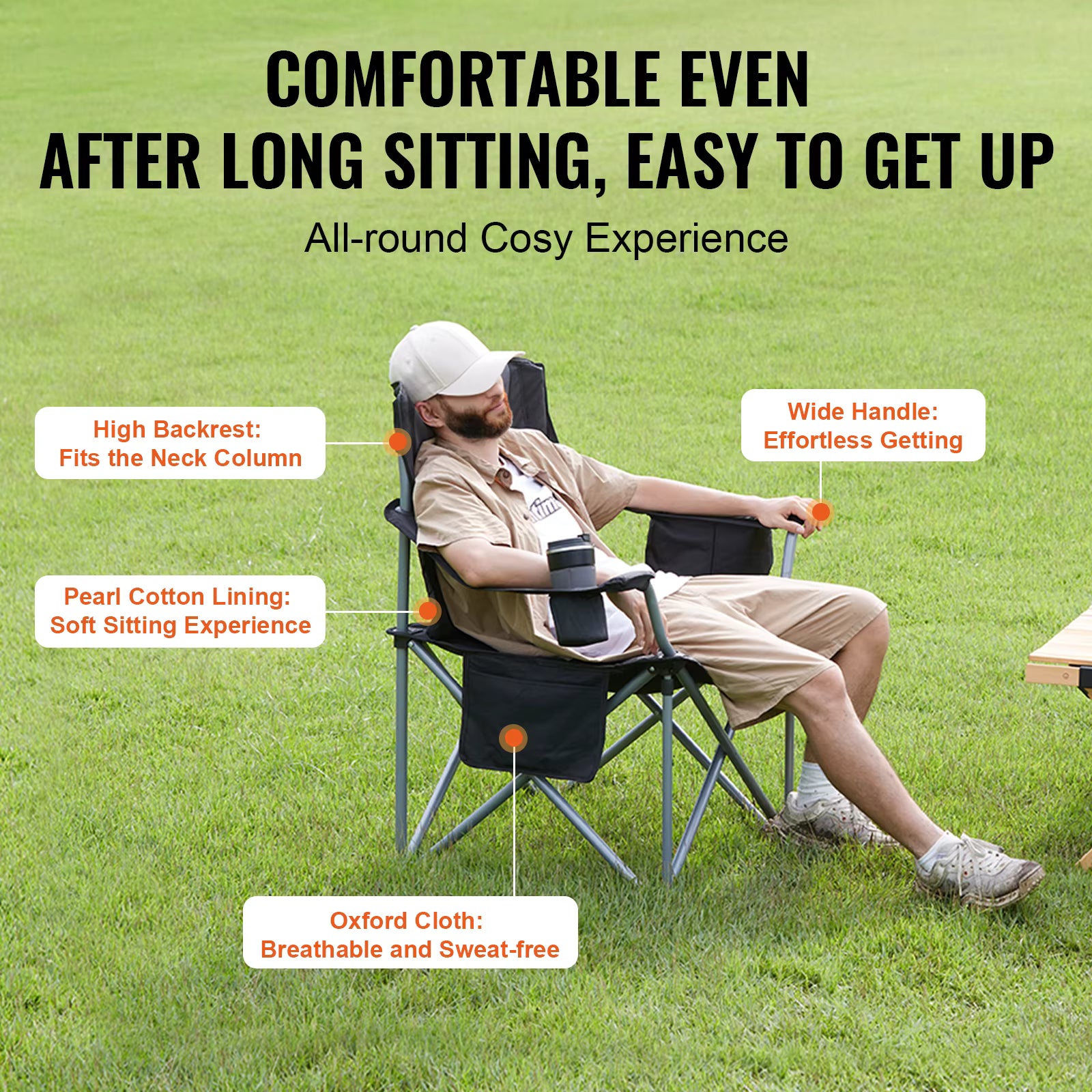 SucceBuy Folding Camping Chair for Adults, Portable Padded Armchair with Lumbar Support and Side Pockets, for Beach, Lawn and Picnic.
